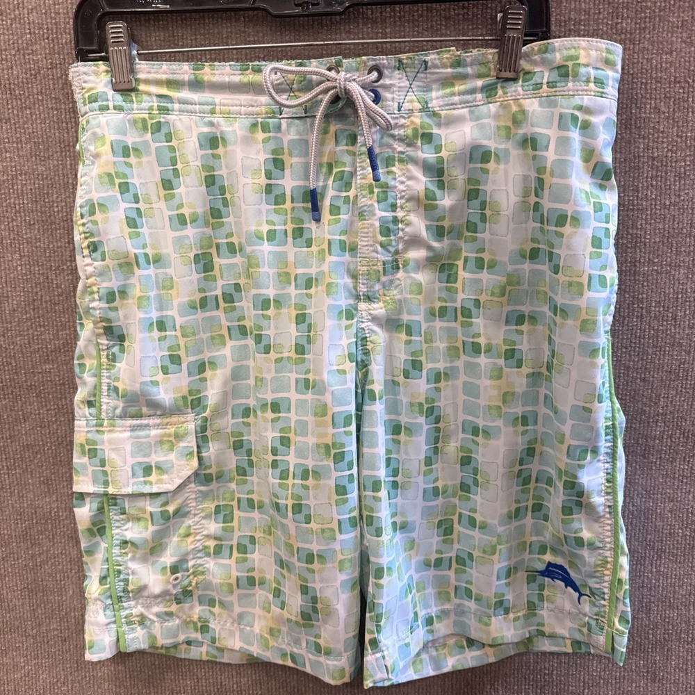 Tommy Bahama swim trunks,Sz:Med, Green Blue Print, Tropical, Lined, Pockets,EUC